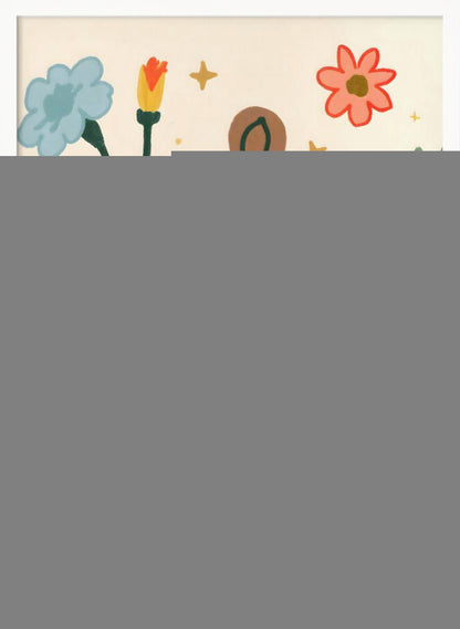 A stylized, folk-art style painting of various colorful flowers and leafy stems on a cream-colored background. The flowers are blue, red, orange, and pink, with dark and light green stems and leaves, accented by small yellow star-like sparkles. Print
