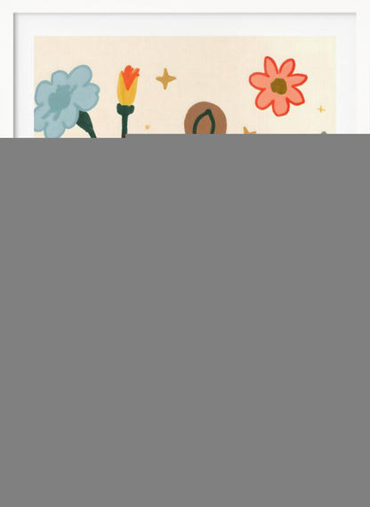 A stylized, folk-art style painting of various colorful flowers and leafy stems on a cream-colored background. The flowers are blue, red, orange, and pink, with dark and light green stems and leaves, accented by small yellow star-like sparkles. Print