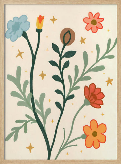 A stylized, folk-art style painting of various colorful flowers and leafy stems on a cream-colored background. The flowers are blue, red, orange, and pink, with dark and light green stems and leaves, accented by small yellow star-like sparkles. Print