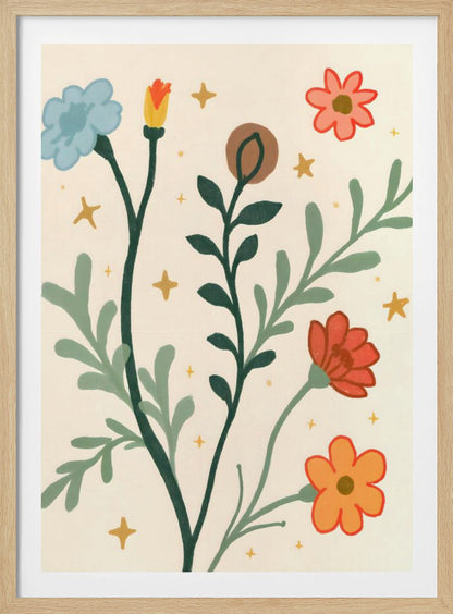 A stylized, folk-art style painting of various colorful flowers and leafy stems on a cream-colored background. The flowers are blue, red, orange, and pink, with dark and light green stems and leaves, accented by small yellow star-like sparkles. Print