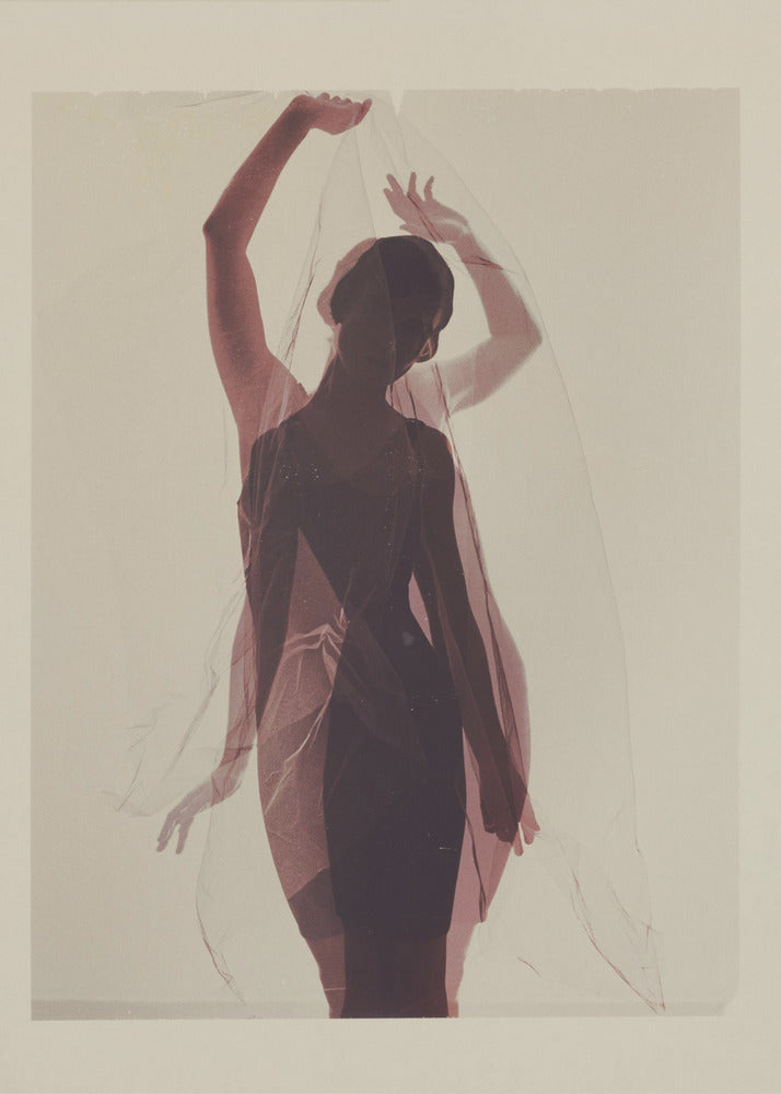 An artistic photograph of a woman in silhouette, wearing a dark dress and holding a sheer red veil above her head. A transparent, ghostly image of her in the same pose is overlaid, creating a double-exposure effect against a plain, cream-colored background. Print