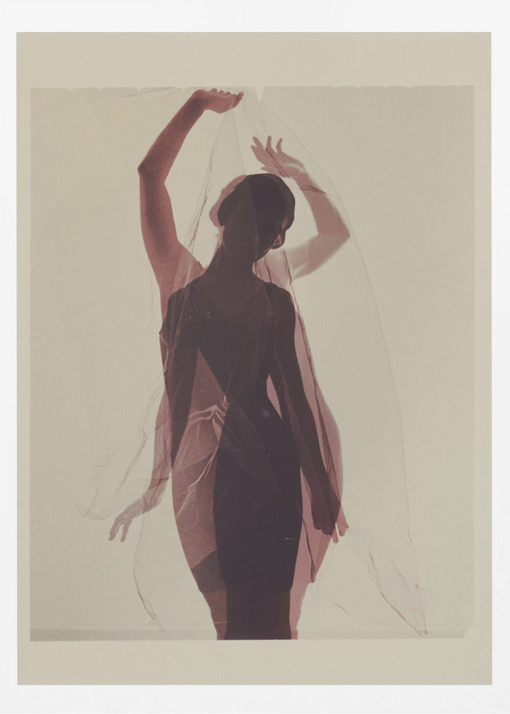 An artistic photograph of a woman in silhouette, wearing a dark dress and holding a sheer red veil above her head. A transparent, ghostly image of her in the same pose is overlaid, creating a double-exposure effect against a plain, cream-colored background. Print