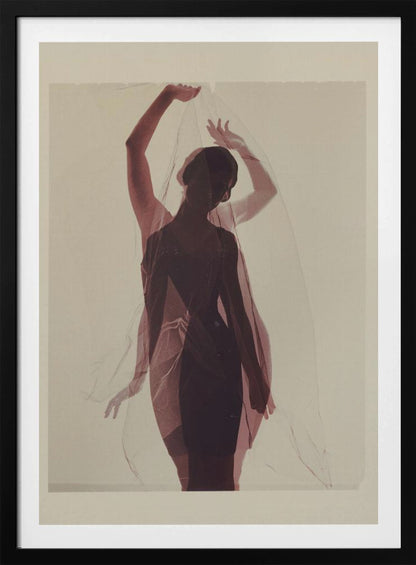 An artistic photograph of a woman in silhouette, wearing a dark dress and holding a sheer red veil above her head. A transparent, ghostly image of her in the same pose is overlaid, creating a double-exposure effect against a plain, cream-colored background. Print
