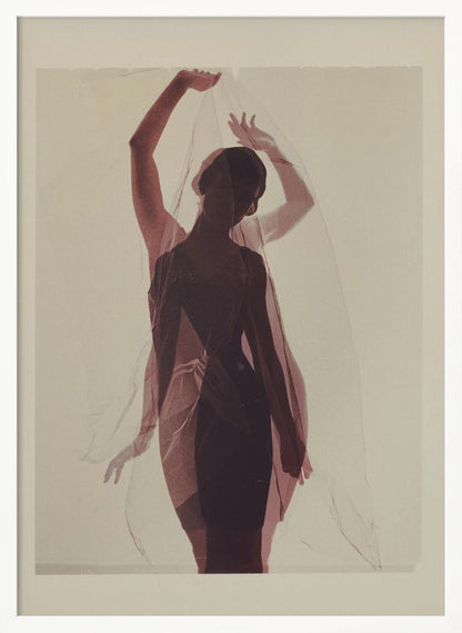 An artistic photograph of a woman in silhouette, wearing a dark dress and holding a sheer red veil above her head. A transparent, ghostly image of her in the same pose is overlaid, creating a double-exposure effect against a plain, cream-colored background. Print