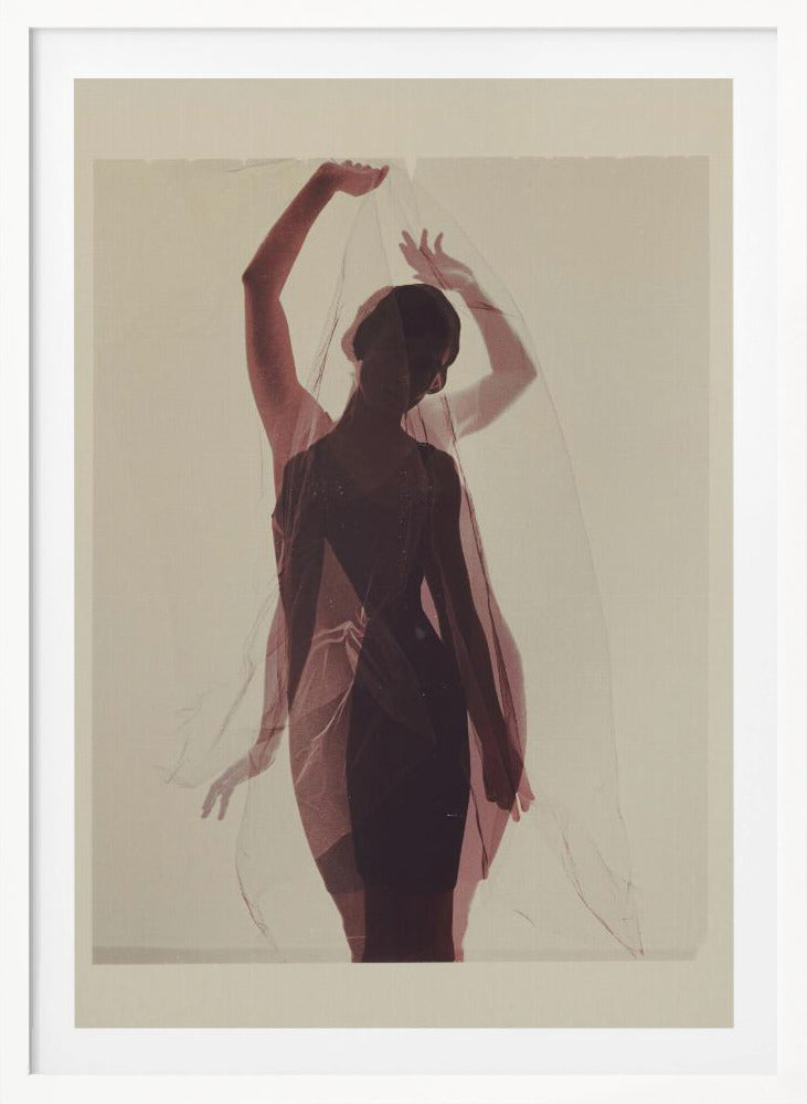 An artistic photograph of a woman in silhouette, wearing a dark dress and holding a sheer red veil above her head. A transparent, ghostly image of her in the same pose is overlaid, creating a double-exposure effect against a plain, cream-colored background. Print