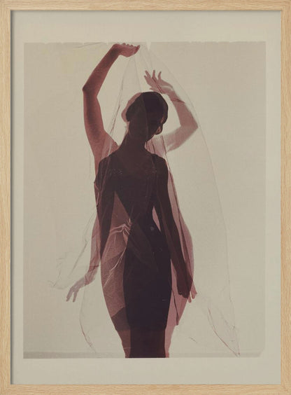 An artistic photograph of a woman in silhouette, wearing a dark dress and holding a sheer red veil above her head. A transparent, ghostly image of her in the same pose is overlaid, creating a double-exposure effect against a plain, cream-colored background. Print