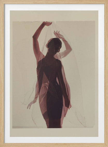 An artistic photograph of a woman in silhouette, wearing a dark dress and holding a sheer red veil above her head. A transparent, ghostly image of her in the same pose is overlaid, creating a double-exposure effect against a plain, cream-colored background. Print