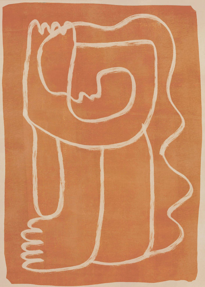 A modern abstract artwork in a black frame, featuring a single, continuous cream-colored line forming a stylized human figure against a textured, burnt orange background. Decor