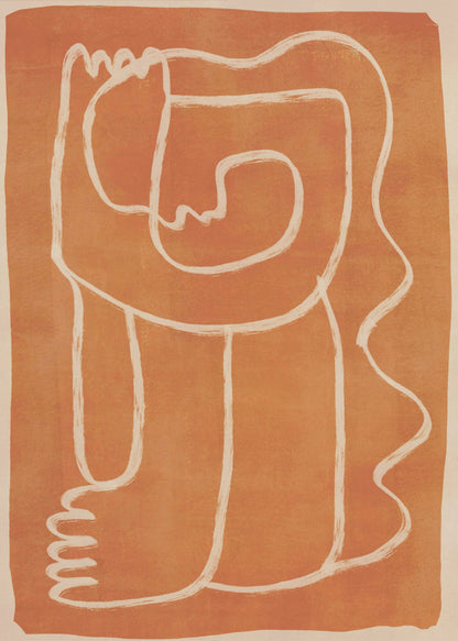 A modern abstract artwork in a black frame, featuring a single, continuous cream-colored line forming a stylized human figure against a textured, burnt orange background. Decor