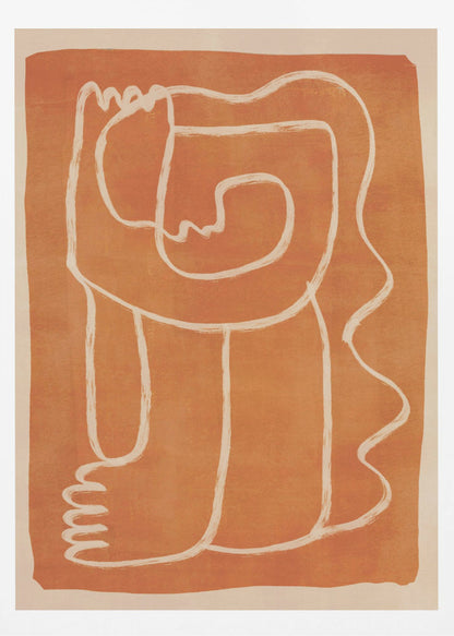 A modern abstract artwork in a black frame, featuring a single, continuous cream-colored line forming a stylized human figure against a textured, burnt orange background. Decor