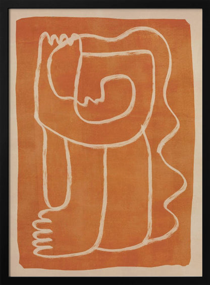 A modern abstract artwork in a black frame, featuring a single, continuous cream-colored line forming a stylized human figure against a textured, burnt orange background. Decor