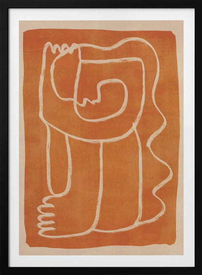 A modern abstract artwork in a black frame, featuring a single, continuous cream-colored line forming a stylized human figure against a textured, burnt orange background. Decor