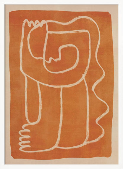 A modern abstract artwork in a black frame, featuring a single, continuous cream-colored line forming a stylized human figure against a textured, burnt orange background. Decor