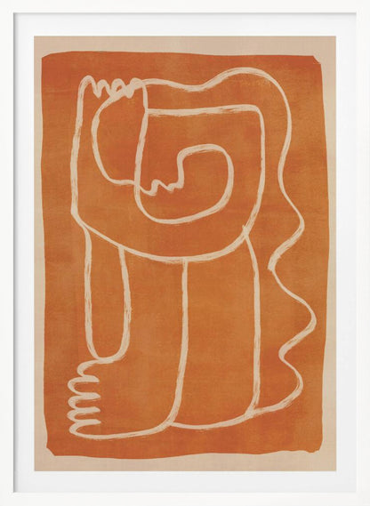 A modern abstract artwork in a black frame, featuring a single, continuous cream-colored line forming a stylized human figure against a textured, burnt orange background. Decor
