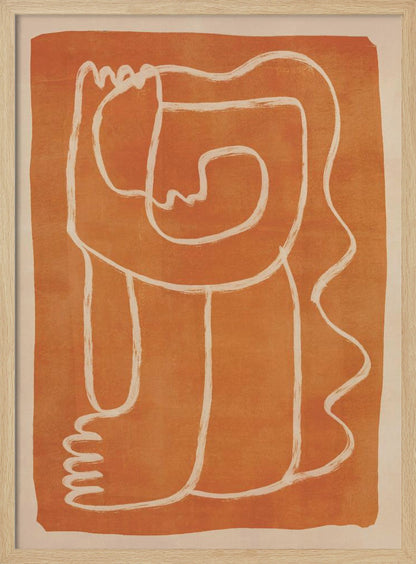 A modern abstract artwork in a black frame, featuring a single, continuous cream-colored line forming a stylized human figure against a textured, burnt orange background. Decor
