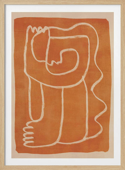 A modern abstract artwork in a black frame, featuring a single, continuous cream-colored line forming a stylized human figure against a textured, burnt orange background. Decor
