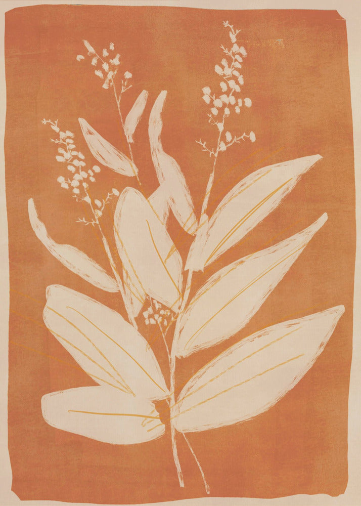 A botanical block print style illustration of a plant with large, pointed leaves and delicate flowering sprigs. The plant is rendered in a creamy off-white against a textured, burnt orange background. The artwork is presented in a simple black frame. Print