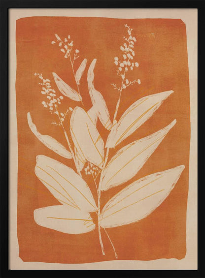 A botanical block print style illustration of a plant with large, pointed leaves and delicate flowering sprigs. The plant is rendered in a creamy off-white against a textured, burnt orange background. The artwork is presented in a simple black frame. Print