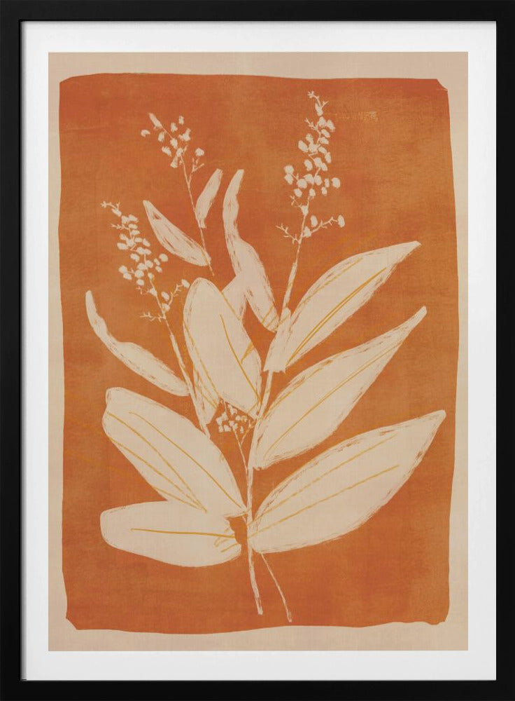 A botanical block print style illustration of a plant with large, pointed leaves and delicate flowering sprigs. The plant is rendered in a creamy off-white against a textured, burnt orange background. The artwork is presented in a simple black frame. Print