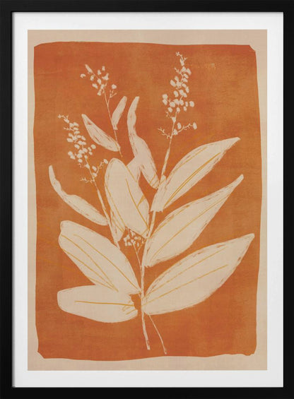 A botanical block print style illustration of a plant with large, pointed leaves and delicate flowering sprigs. The plant is rendered in a creamy off-white against a textured, burnt orange background. The artwork is presented in a simple black frame. Print