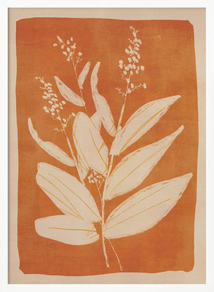 A botanical block print style illustration of a plant with large, pointed leaves and delicate flowering sprigs. The plant is rendered in a creamy off-white against a textured, burnt orange background. The artwork is presented in a simple black frame. Print
