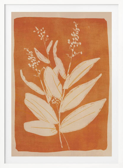 A botanical block print style illustration of a plant with large, pointed leaves and delicate flowering sprigs. The plant is rendered in a creamy off-white against a textured, burnt orange background. The artwork is presented in a simple black frame. Print
