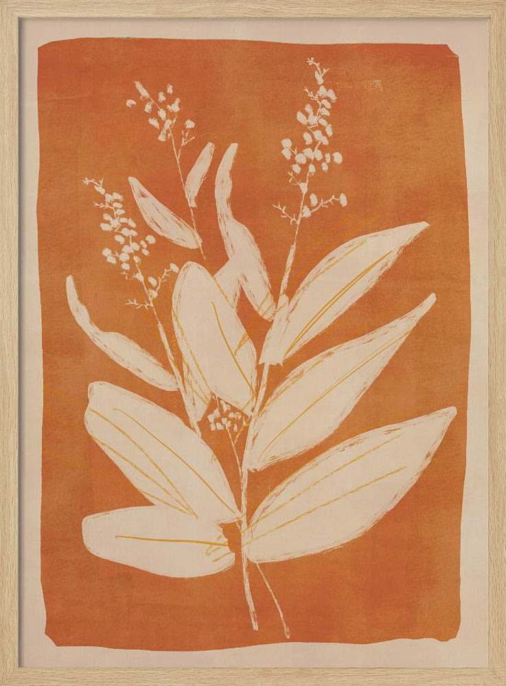 A botanical block print style illustration of a plant with large, pointed leaves and delicate flowering sprigs. The plant is rendered in a creamy off-white against a textured, burnt orange background. The artwork is presented in a simple black frame. Print