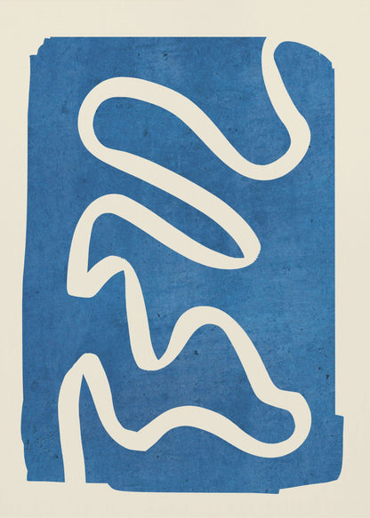 An abstract art piece in a black frame, featuring a solid, textured blue shape on a cream background. A single, thick, meandering white line flows from the top to the bottom within the blue area, creating a simple yet dynamic composition. Decor