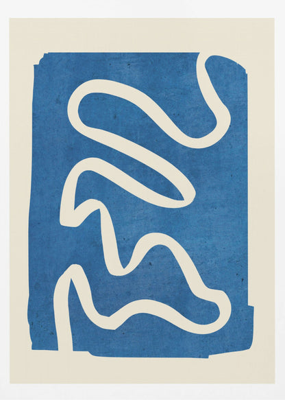 An abstract art piece in a black frame, featuring a solid, textured blue shape on a cream background. A single, thick, meandering white line flows from the top to the bottom within the blue area, creating a simple yet dynamic composition. Decor