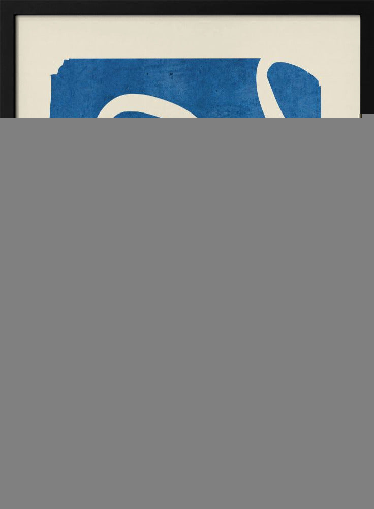 An abstract art piece in a black frame, featuring a solid, textured blue shape on a cream background. A single, thick, meandering white line flows from the top to the bottom within the blue area, creating a simple yet dynamic composition. Decor