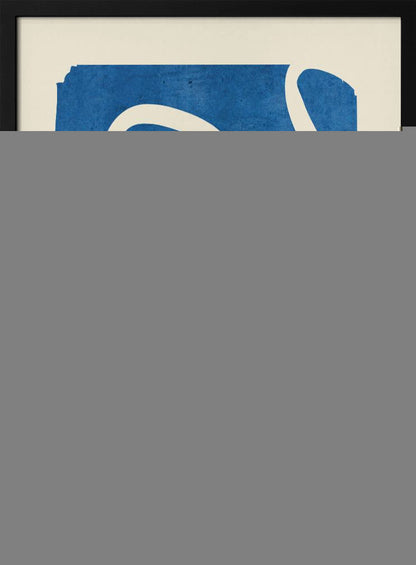 An abstract art piece in a black frame, featuring a solid, textured blue shape on a cream background. A single, thick, meandering white line flows from the top to the bottom within the blue area, creating a simple yet dynamic composition. Decor