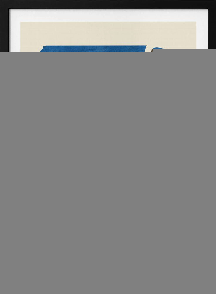 An abstract art piece in a black frame, featuring a solid, textured blue shape on a cream background. A single, thick, meandering white line flows from the top to the bottom within the blue area, creating a simple yet dynamic composition. Decor