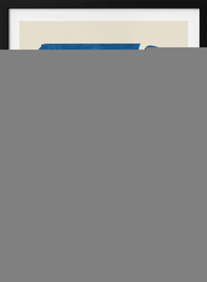 An abstract art piece in a black frame, featuring a solid, textured blue shape on a cream background. A single, thick, meandering white line flows from the top to the bottom within the blue area, creating a simple yet dynamic composition. Decor