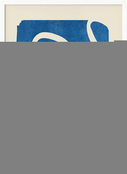 An abstract art piece in a black frame, featuring a solid, textured blue shape on a cream background. A single, thick, meandering white line flows from the top to the bottom within the blue area, creating a simple yet dynamic composition. Decor