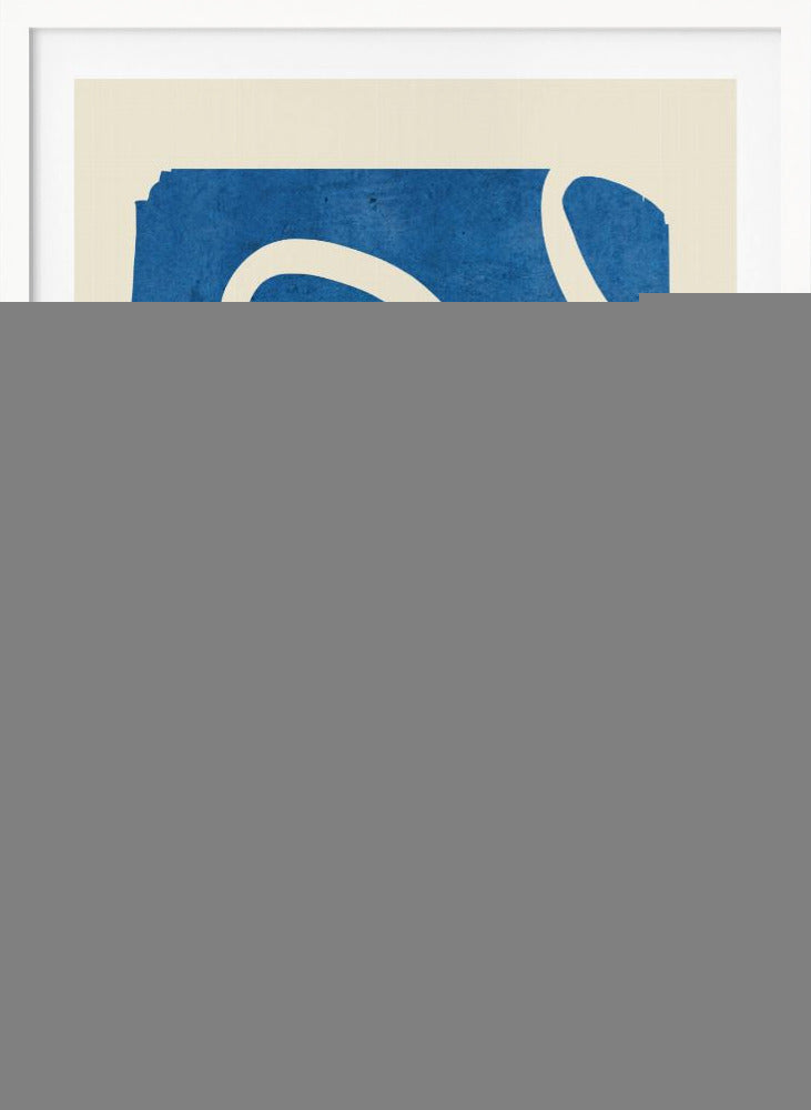 An abstract art piece in a black frame, featuring a solid, textured blue shape on a cream background. A single, thick, meandering white line flows from the top to the bottom within the blue area, creating a simple yet dynamic composition. Decor