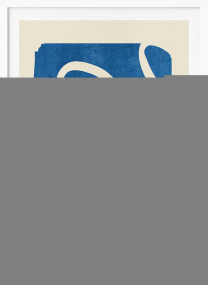 An abstract art piece in a black frame, featuring a solid, textured blue shape on a cream background. A single, thick, meandering white line flows from the top to the bottom within the blue area, creating a simple yet dynamic composition. Decor