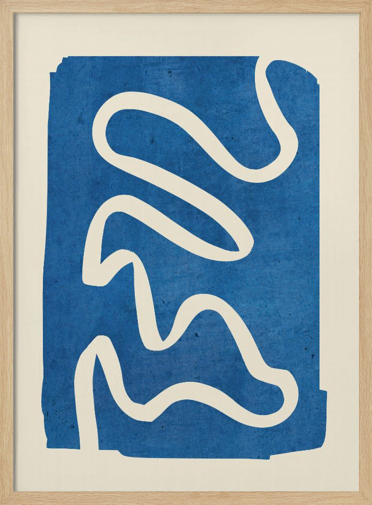 An abstract art piece in a black frame, featuring a solid, textured blue shape on a cream background. A single, thick, meandering white line flows from the top to the bottom within the blue area, creating a simple yet dynamic composition. Decor
