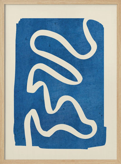 An abstract art piece in a black frame, featuring a solid, textured blue shape on a cream background. A single, thick, meandering white line flows from the top to the bottom within the blue area, creating a simple yet dynamic composition. Decor