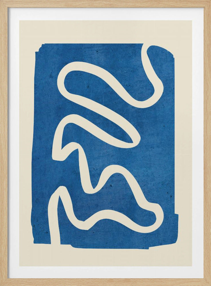 An abstract art piece in a black frame, featuring a solid, textured blue shape on a cream background. A single, thick, meandering white line flows from the top to the bottom within the blue area, creating a simple yet dynamic composition. Decor