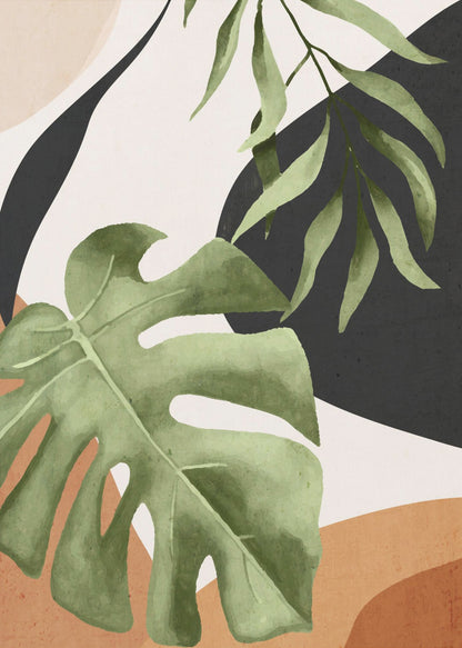 Abstract art print featuring stylized tropical leaves in shades of green, blue, and yellow. Artwork