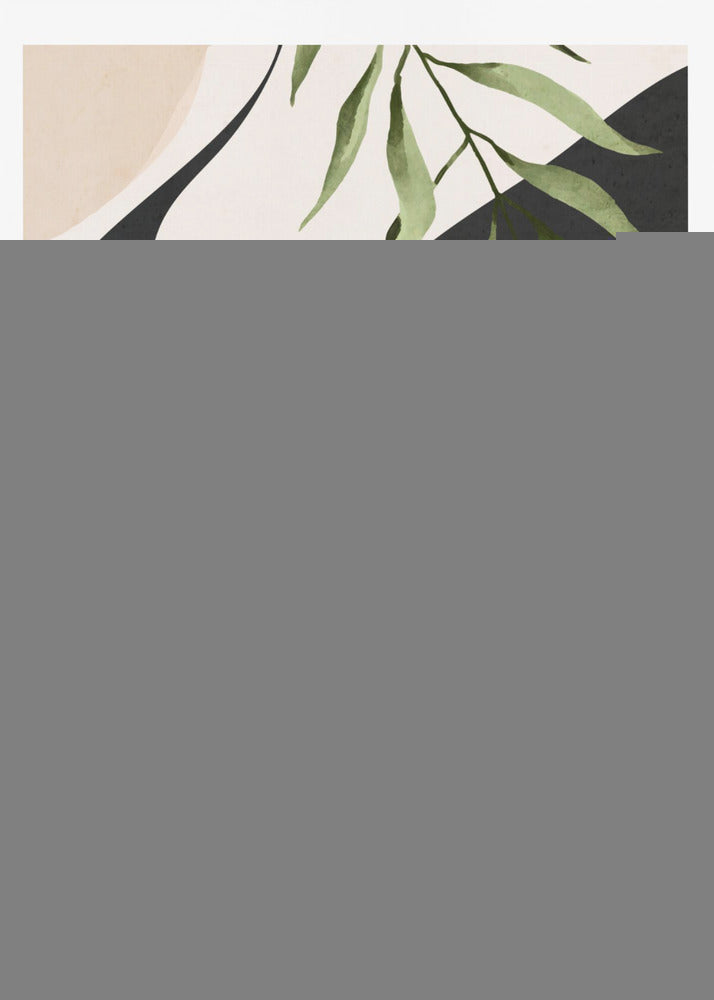 Abstract art print featuring stylized tropical leaves in shades of green, blue, and yellow. Artwork