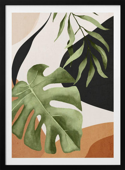 Abstract art print featuring stylized tropical leaves in shades of green, blue, and yellow. Artwork