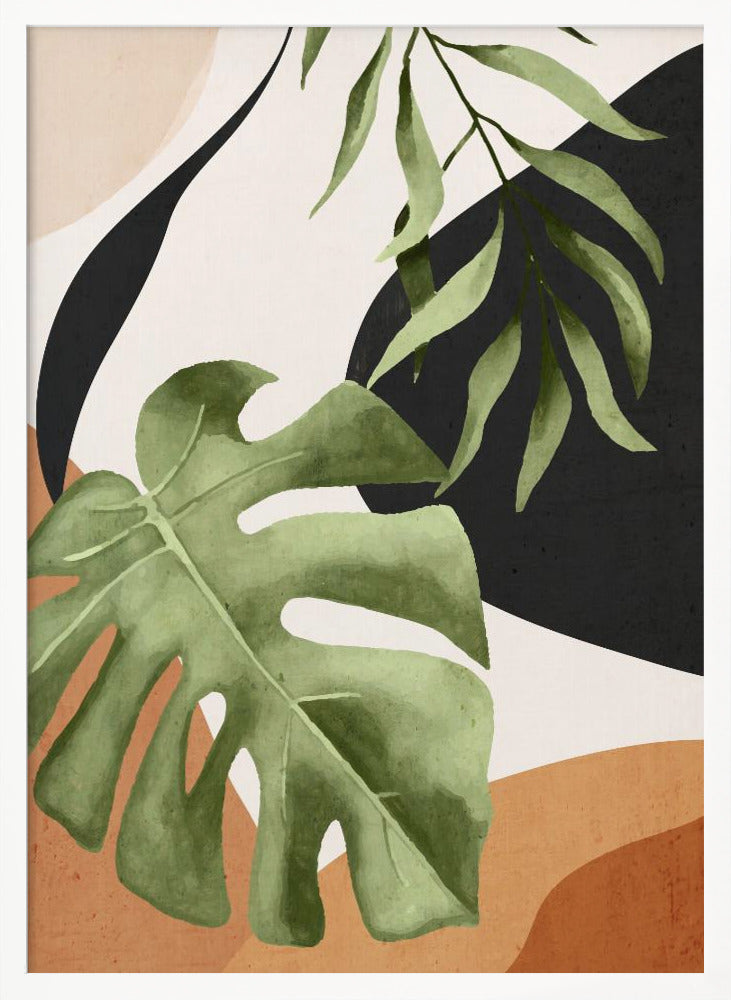 Abstract art print featuring stylized tropical leaves in shades of green, blue, and yellow. Artwork