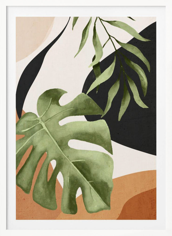 Abstract art print featuring stylized tropical leaves in shades of green, blue, and yellow. Artwork