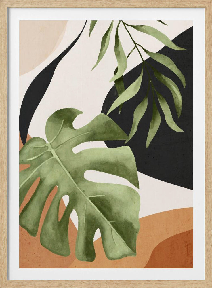 Abstract art print featuring stylized tropical leaves in shades of green, blue, and yellow. Artwork