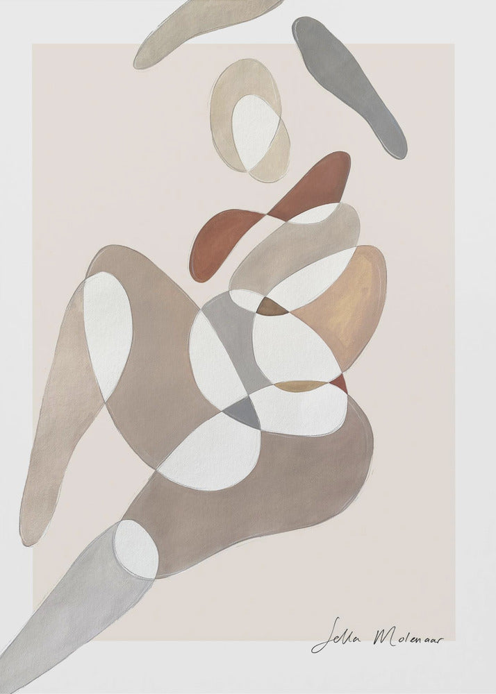 An abstract painting by Jetta Molenaar in a black frame, featuring a composition of overlapping, organic shapes in muted earth tones like brown, grey, and beige against a pale pinkish-beige background. The shapes vaguely suggest a reclining human figure. Artwork