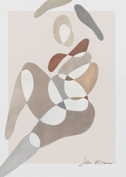 An abstract painting by Jetta Molenaar in a black frame, featuring a composition of overlapping, organic shapes in muted earth tones like brown, grey, and beige against a pale pinkish-beige background. The shapes vaguely suggest a reclining human figure. Artwork