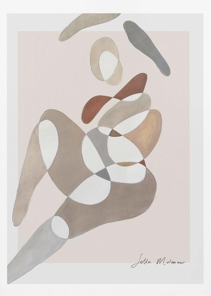 An abstract painting by Jetta Molenaar in a black frame, featuring a composition of overlapping, organic shapes in muted earth tones like brown, grey, and beige against a pale pinkish-beige background. The shapes vaguely suggest a reclining human figure. Artwork