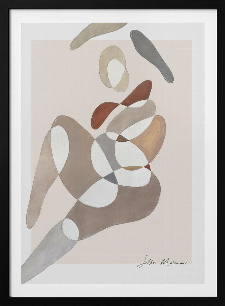 An abstract painting by Jetta Molenaar in a black frame, featuring a composition of overlapping, organic shapes in muted earth tones like brown, grey, and beige against a pale pinkish-beige background. The shapes vaguely suggest a reclining human figure. Artwork