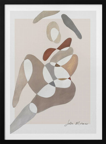 An abstract painting by Jetta Molenaar in a black frame, featuring a composition of overlapping, organic shapes in muted earth tones like brown, grey, and beige against a pale pinkish-beige background. The shapes vaguely suggest a reclining human figure. Artwork